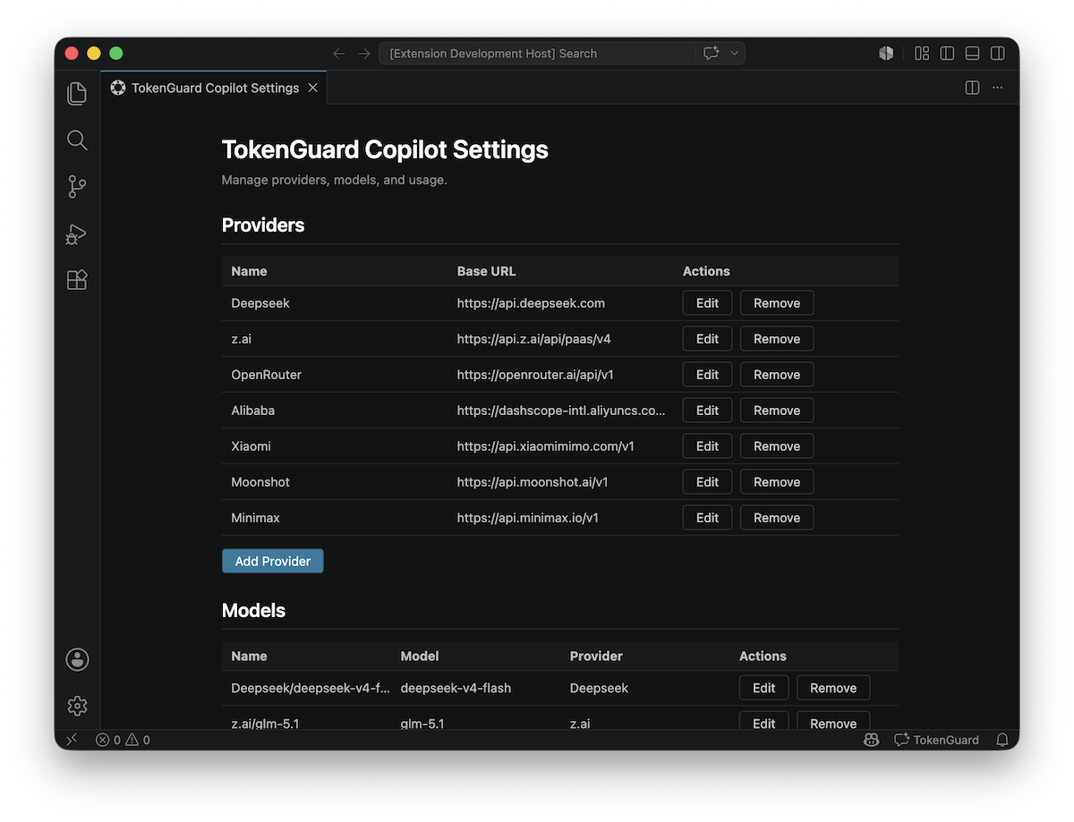 TokenGuard Copilot settings screenshot